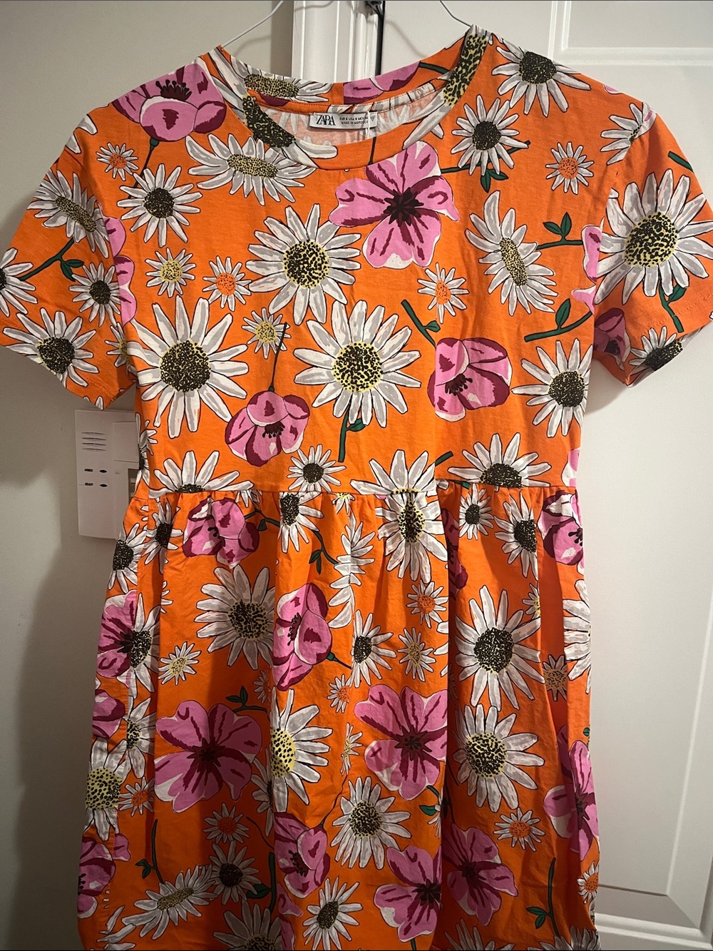 Zara Orange Floral Short-Sleeve Dress with Pink & White Blooms